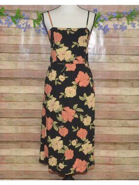 Xhilaration Black Floral Midi Summer Sun Dress Size M Pockets Boho Sleeveless
